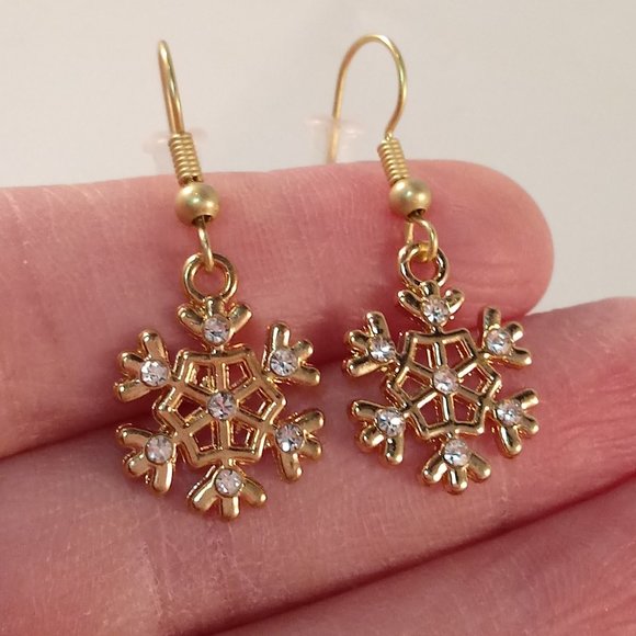Gold Plated Diamond Crystal Snowflake Flower Dangle Earrings Party Gift - Picture 2 of 2